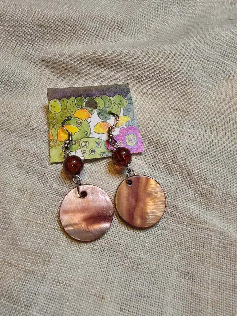 Handmade Iridescent Shell and Brown Bead Dangle Earrings beach vibes boho